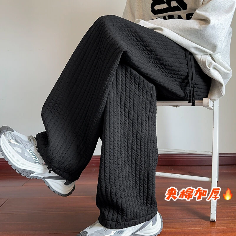 新款2025秋冬新款港风夹棉保暖棉裤阔腿拖地裤加厚休闲情侣高街潮