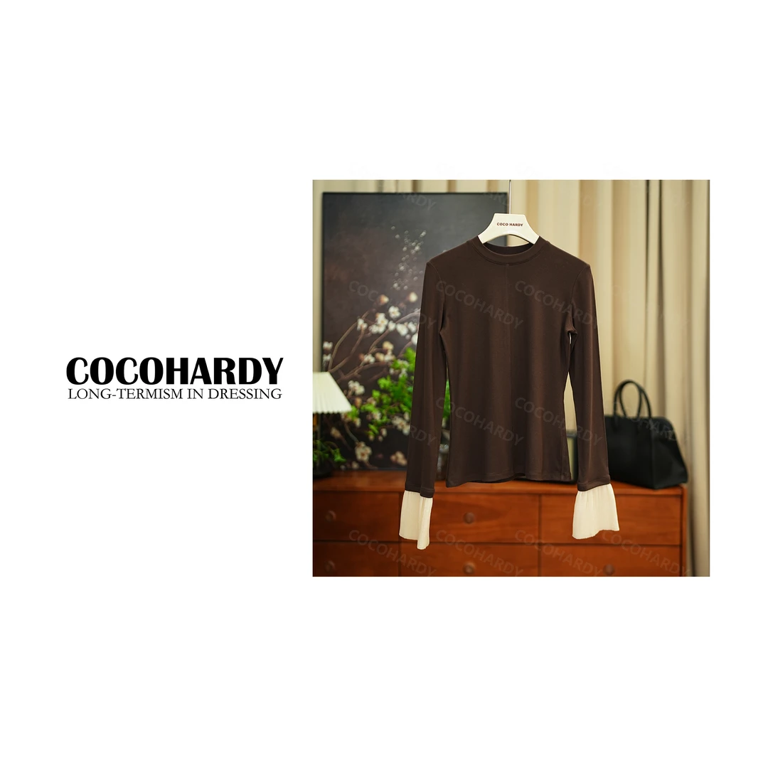 新款荷叶花瓣袖拼接长袖打底衫