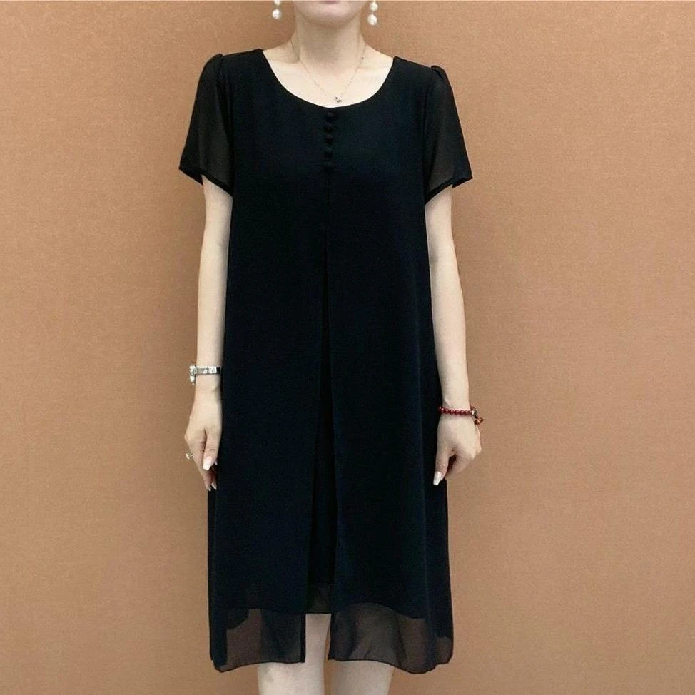 夏季漂亮上档次拼接妈妈休闲大码显瘦连衣裙纯色百搭时尚洋气裙子