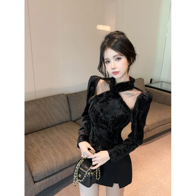 新中式国风丝绒衬衫女秋季高级感半高领毛毛上衣宫廷风打底衫内搭