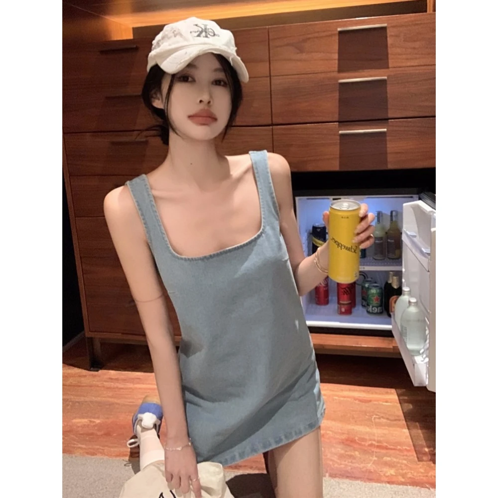 韩系休闲穿搭宽松背心裙女夏显瘦小个子复古无袖牛仔吊带连衣裙潮