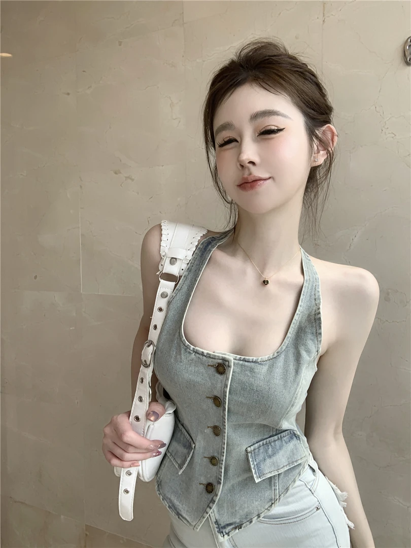 美式y2k不规则牛仔吊带背心女外穿夏甜辣妹抹胸挂脖上衣泰式小众