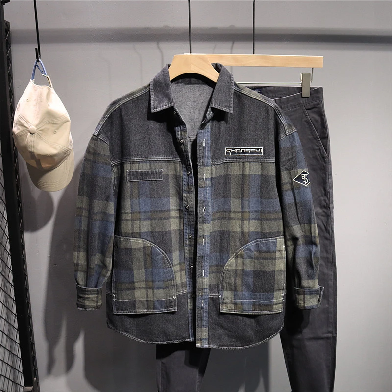 高端牛仔衬衫外套男长袖韩版潮流秋季痞帅ins潮牌百搭衬衣男格子