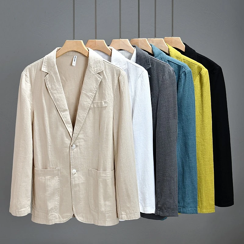 春秋新款宽松西服男士时尚纯色单层棉麻简约上衣商务休闲外套男款
