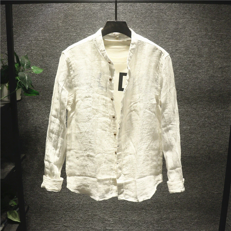日系复古基础亚麻长袖衬衫男秋季小清新潮流青年帅气立领衬衣外套