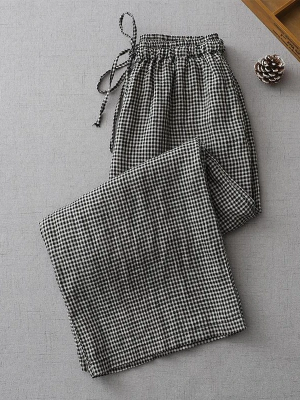 棉麻黑白格子九分阔腿裤女春夏宽松显瘦文艺百搭休闲薄款直筒裤
