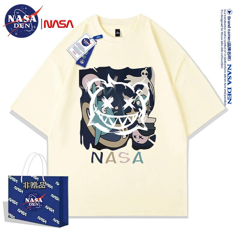 NASA联名港风2024夏季纯棉短袖T恤男士潮流ins五分袖宽松印花打底