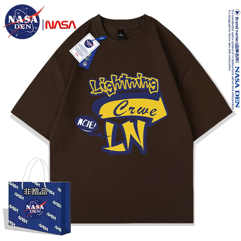 NASA联名夏季休闲宽松重磅短袖纯棉T恤圆领男印花五分袖日常上衣