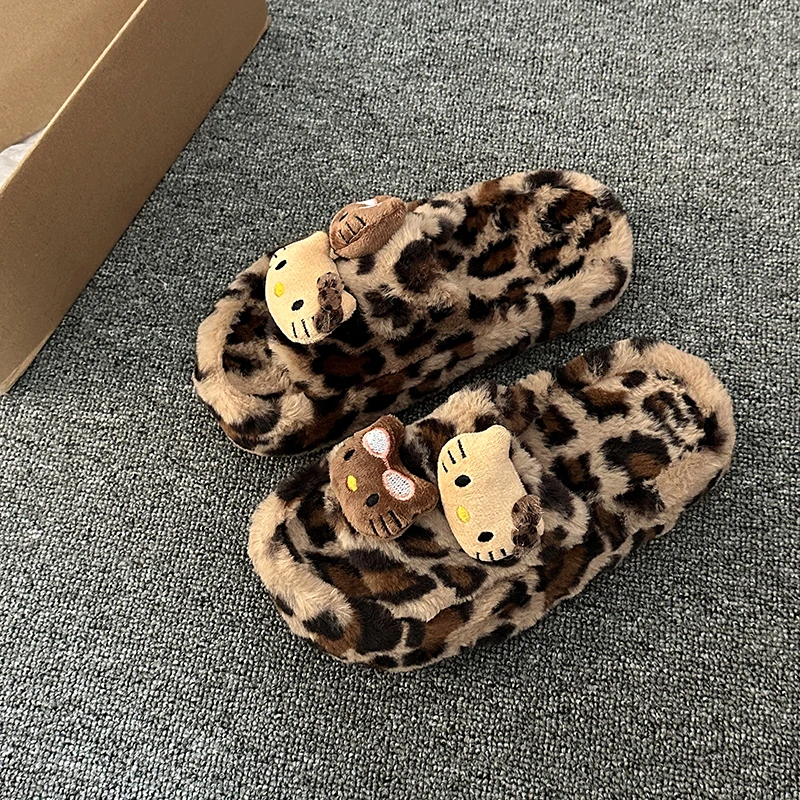 hellokitty豹纹毛毛拖鞋女外穿毛绒厚底棉拖鞋一字拖居家秋冬学生