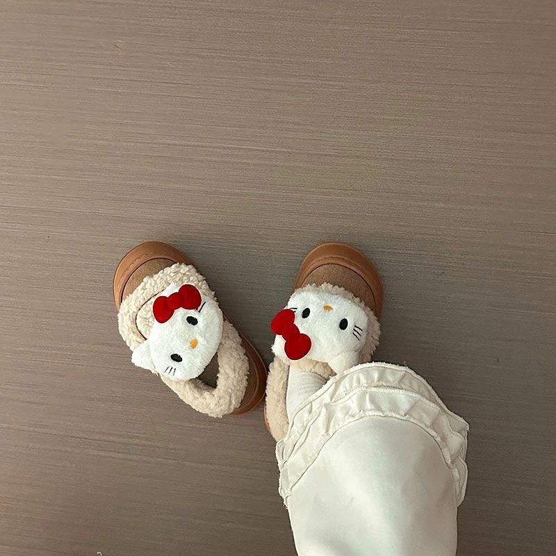 可爱大头凯蒂猫毛毛鞋女2024秋冬新款一脚蹬加绒加厚保暖休闲棉鞋
