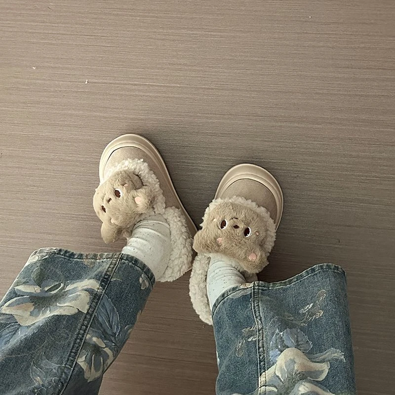 加绒保暖百搭可爱小熊毛毛棉鞋女2024秋冬新款防滑一脚蹬雪地靴潮