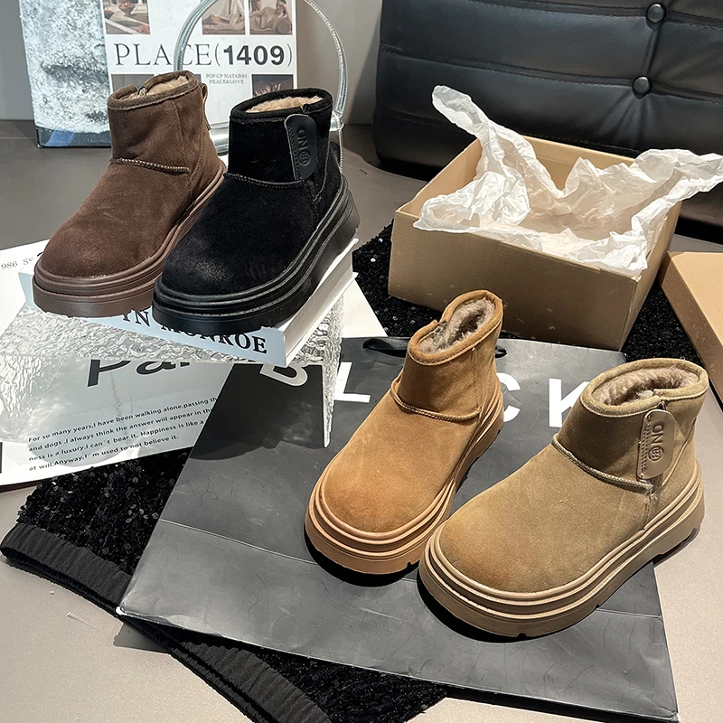 复古厚底雪地靴女2024年冬季新款加绒保暖防滑纯色简约百搭大棉鞋
