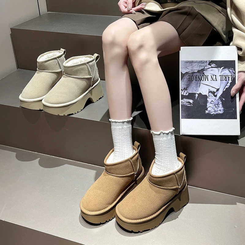 东北粗跟厚底增高雪地靴女2024年秋冬新款加绒保暖防滑简约短筒鞋