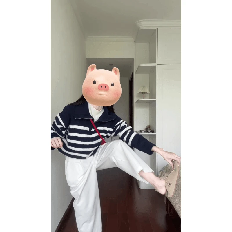 早秋穿搭韩版气质时尚条纹拉链设计感小众上衣女士秋冬高腰休闲裤