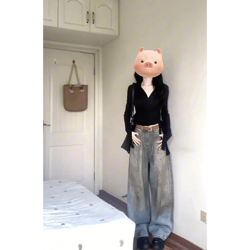 2024新款女士早秋季独特别致V领T恤打底衫上衣高腰宽松阔腿裤