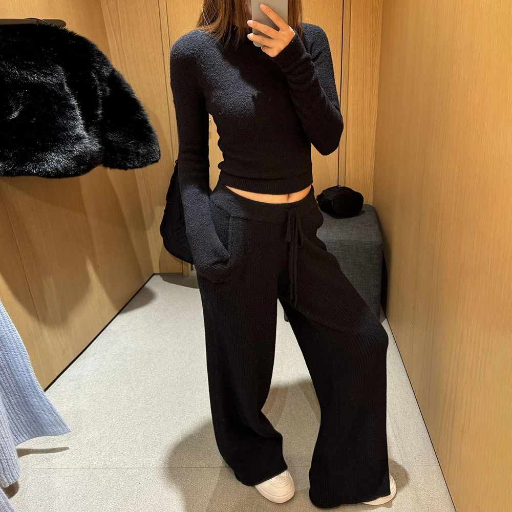 韩系时尚修身显瘦针织套装女秋冬新款高级感休闲直筒阔腿裤两件套