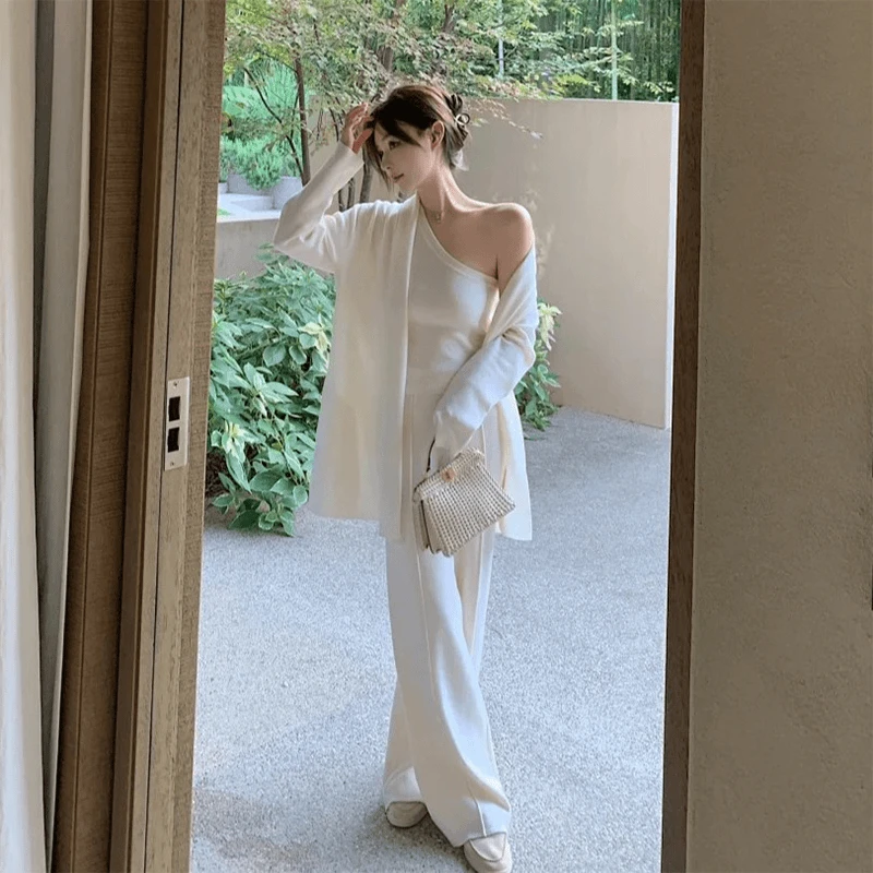 2024秋季新款时尚宽松百搭长袖外套性感斜肩背心上衣高腰休闲长裤