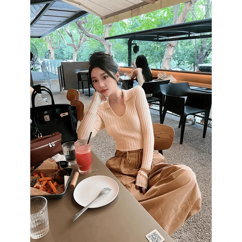 法式气质艺术生长袖v领针织衫女2024秋时尚高腰小众设计感阔腿裤