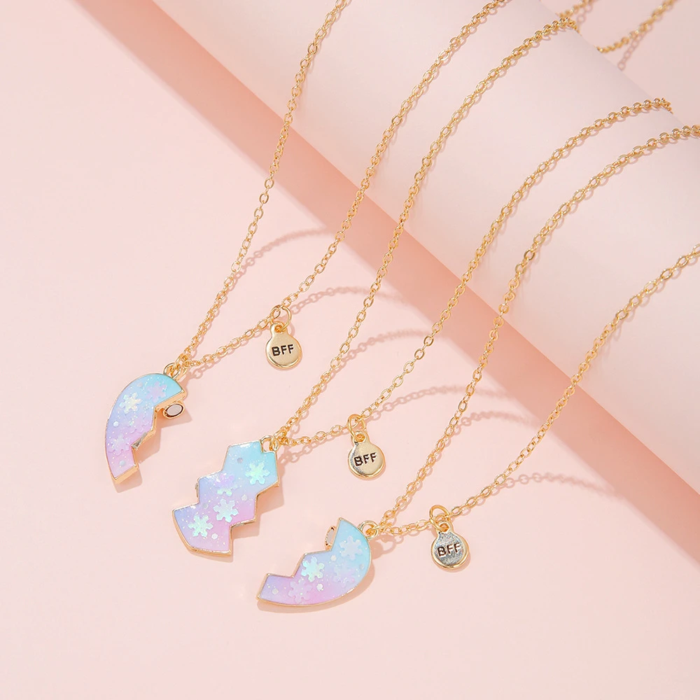 钛钢项链 爱心渐变色雪花图案可爱项链BFF好朋友磁吸分裂饰品幻彩