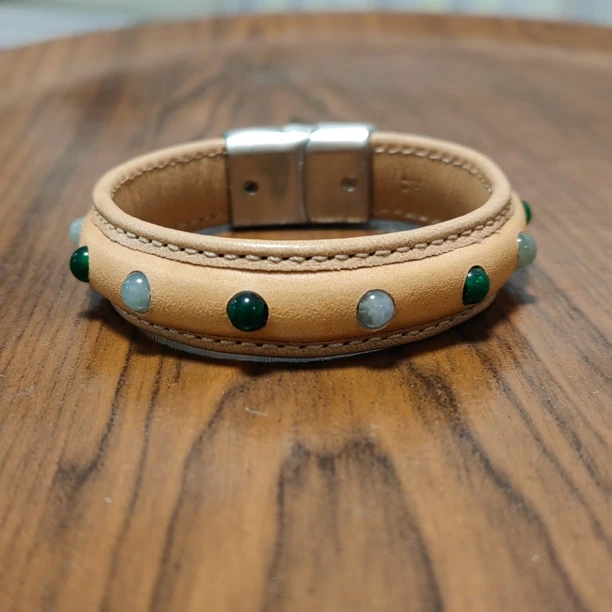 头层牛皮树膏皮拼玉石简约百搭男女手环