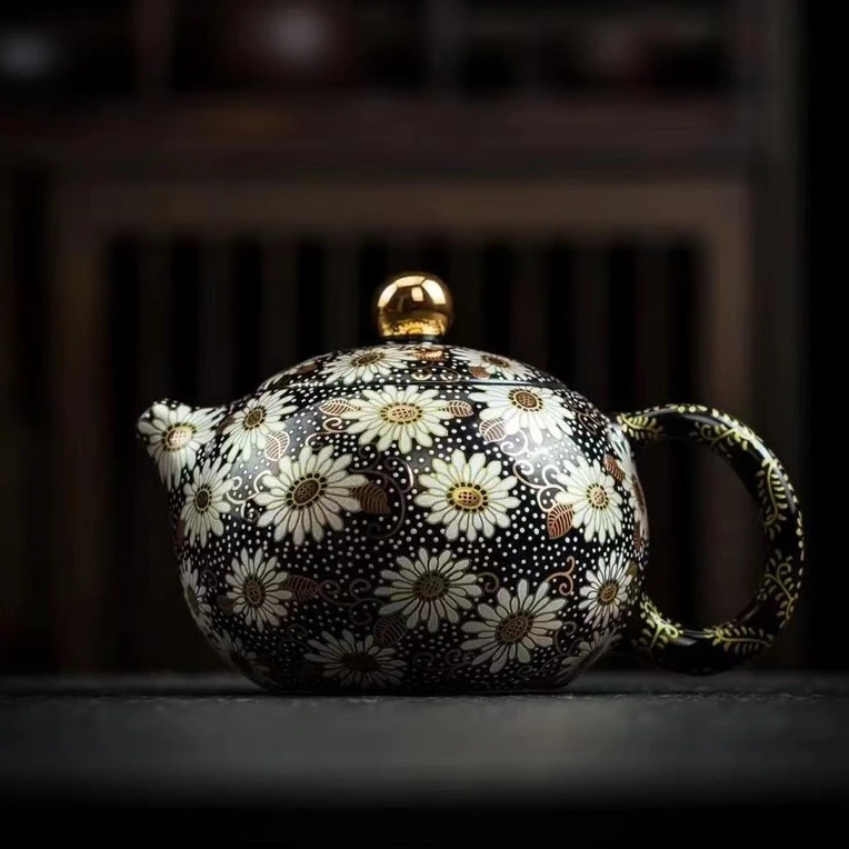 周鸿杰大师 手工鎏24K错金银乌金小雏菊西施泡茶壶家用女一壶二杯