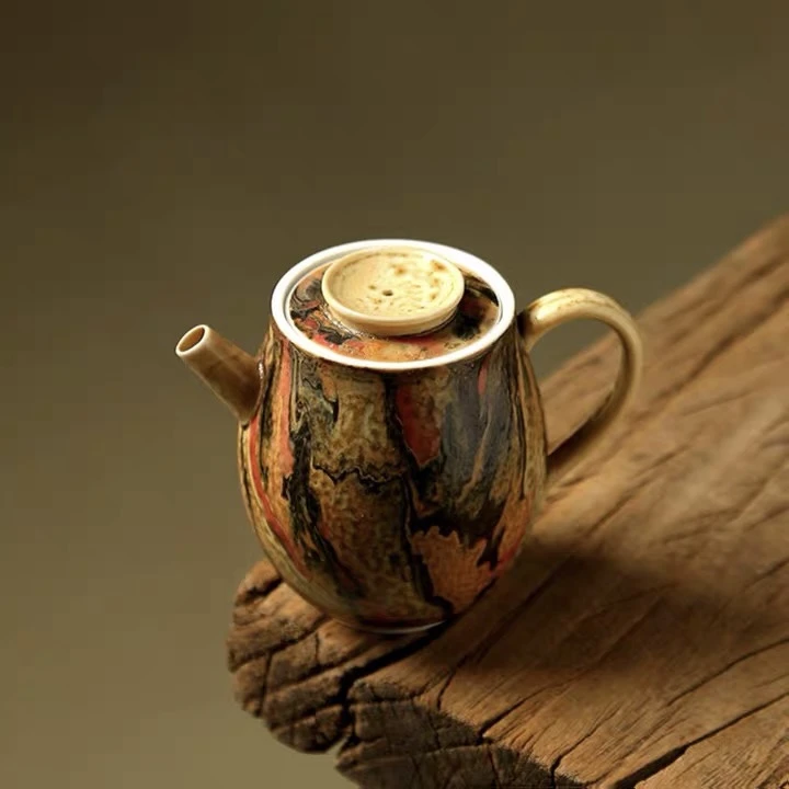 东林老师敦煌油画茶壶 陶瓷小号普洱壶粗陶中式手绘小品泡茶壶