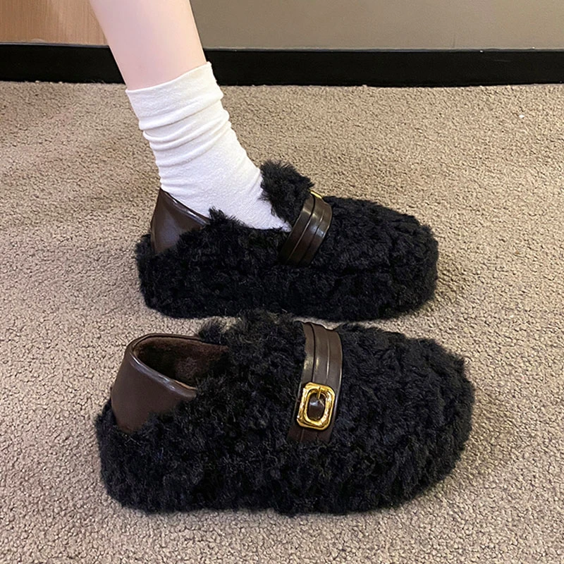厚底雪地毛毛鞋女外穿2024冬季新款厚底百搭一脚蹬豆豆鞋加绒棉鞋