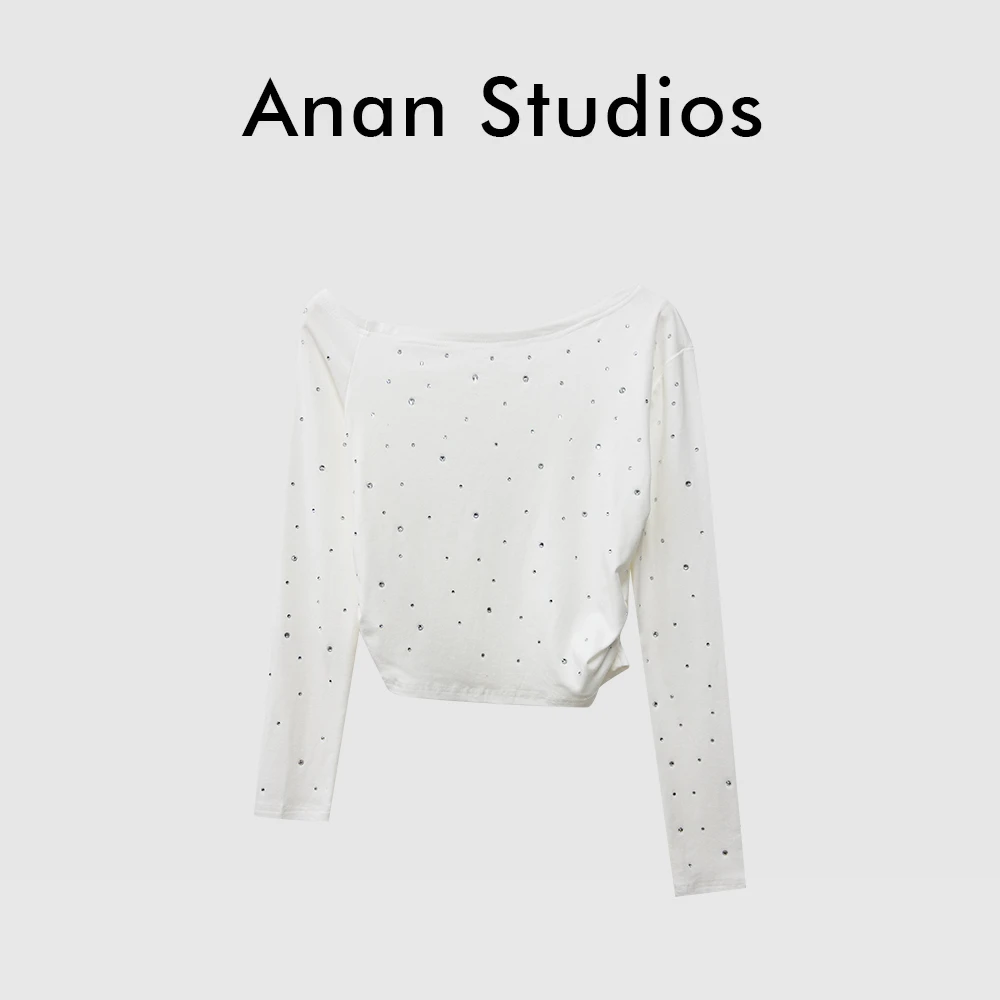 【点点星河】烫钻斜肩长袖不规则露肩小上衣 ★