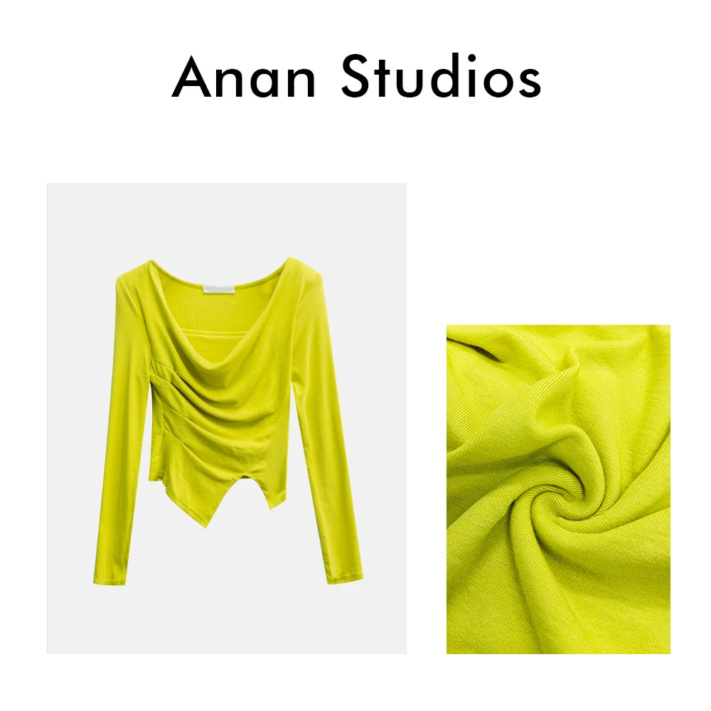 【拉长比例】荡领垫肩褶皱假两件开叉长袖上衣 有垫肩 ★