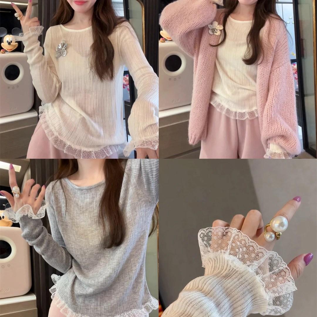 JENNIFER JXLIU3色丝光羊毛拼接袖口衣摆蕾丝花边打底弹力针织衫