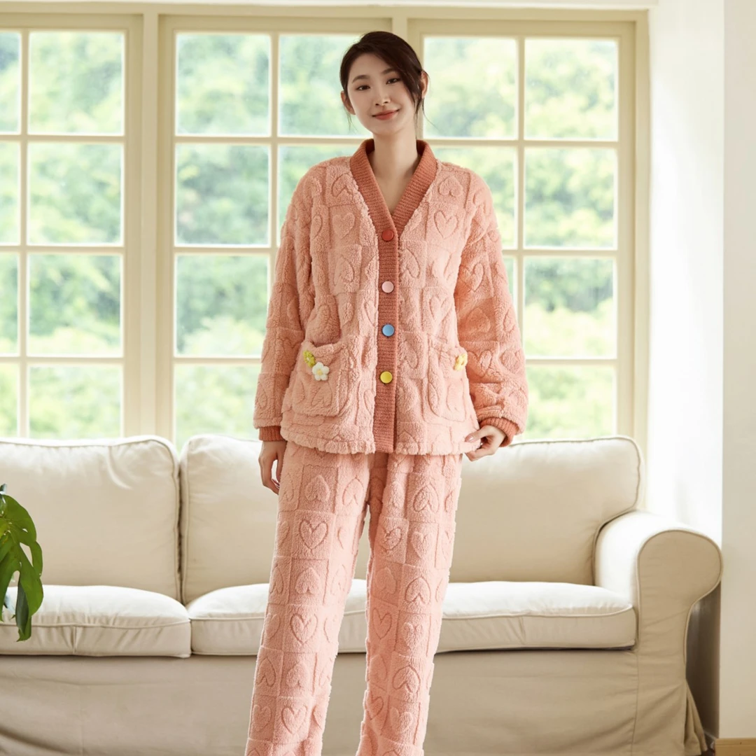 好波睡衣女秋冬季加绒保暖家居服V领长袖长裤ins时尚睡衣HJT2303