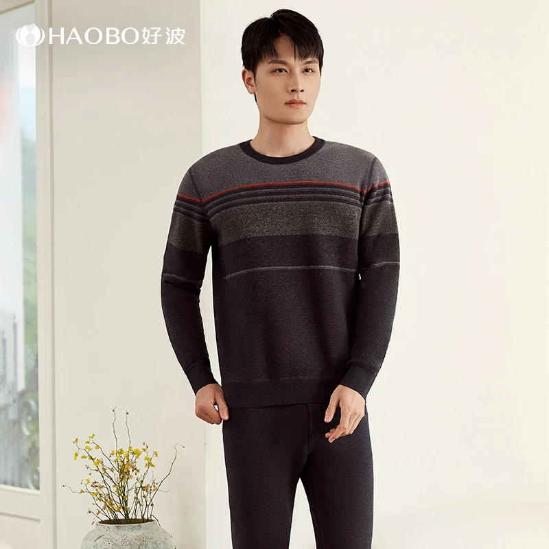 好波秋冬加绒加厚圆领中老年男士大码冬季防寒保暖套内衣HNT2301