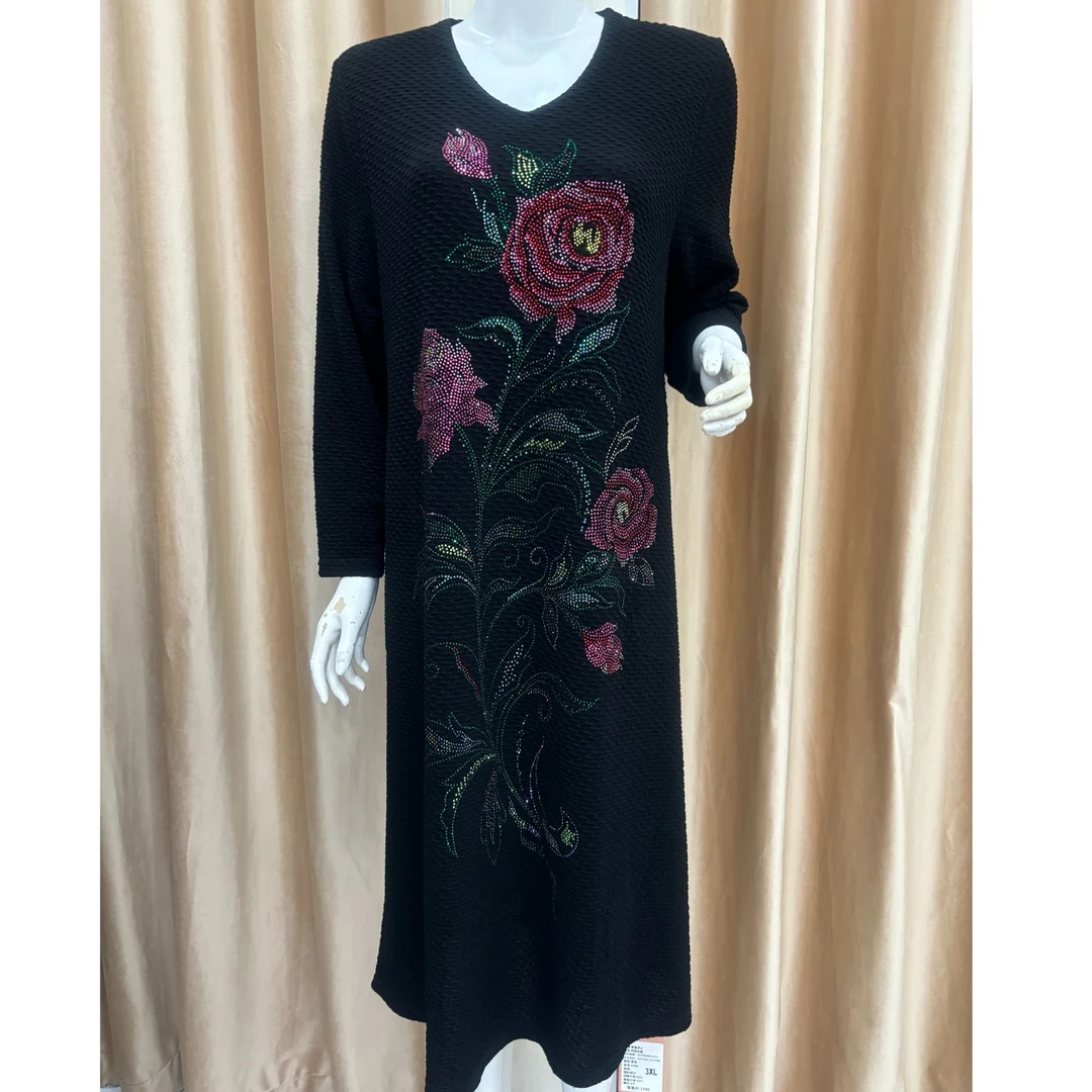 衣长110南韩醋酸重工烫钻大码宽松连衣裙2338