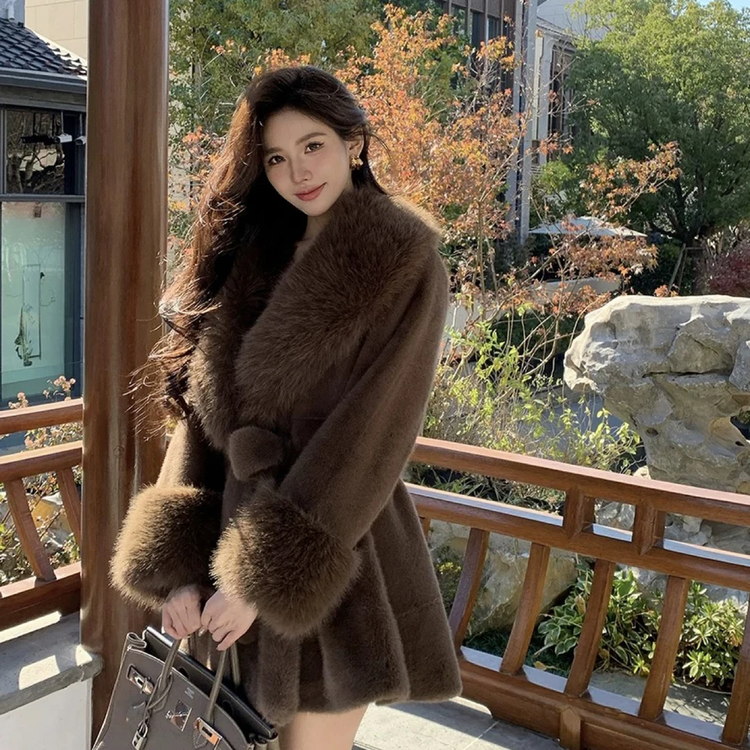 Q2024秋冬新款时尚名媛气质修身腰带款毛毛女装保暖外套网红同款