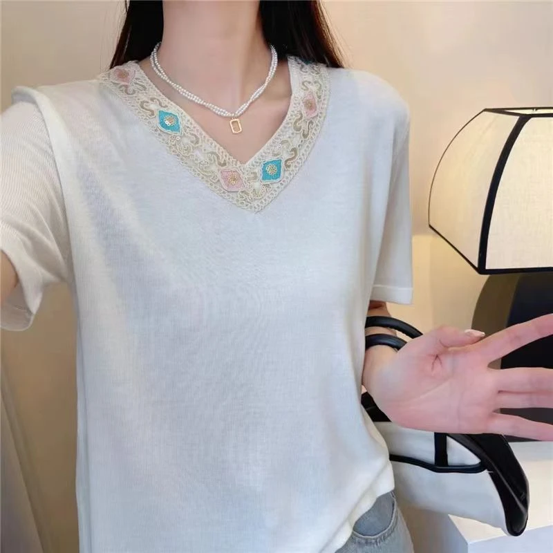 342刺绣V领短袖气质减龄上衣新中式复古薄款宽松打底针织衫