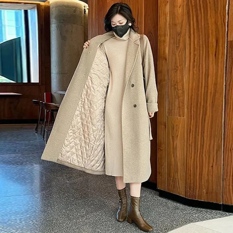 韩版双面绒毛呢大衣女中长款加厚秋冬季新款赫本风小个子呢子外套