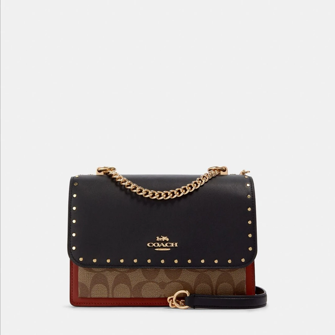 COACH/蔻驰黑盖卡其铆钉风琴包斜挎包   22cm*16cm*7cm    90400