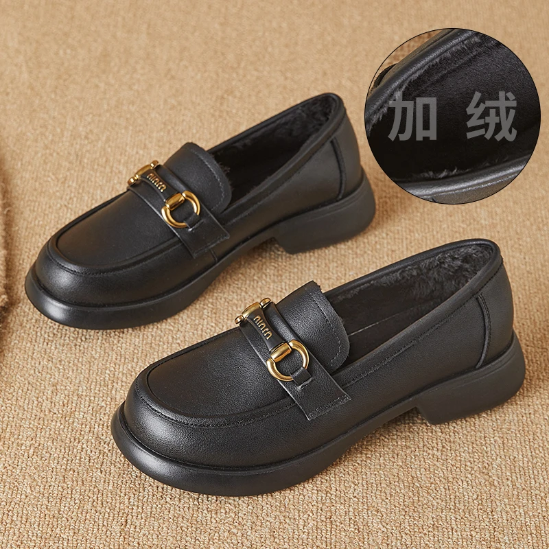 乐福鞋女加绒保暖2025新款平跟厚底工作鞋小皮鞋秋冬真牛小皮单鞋