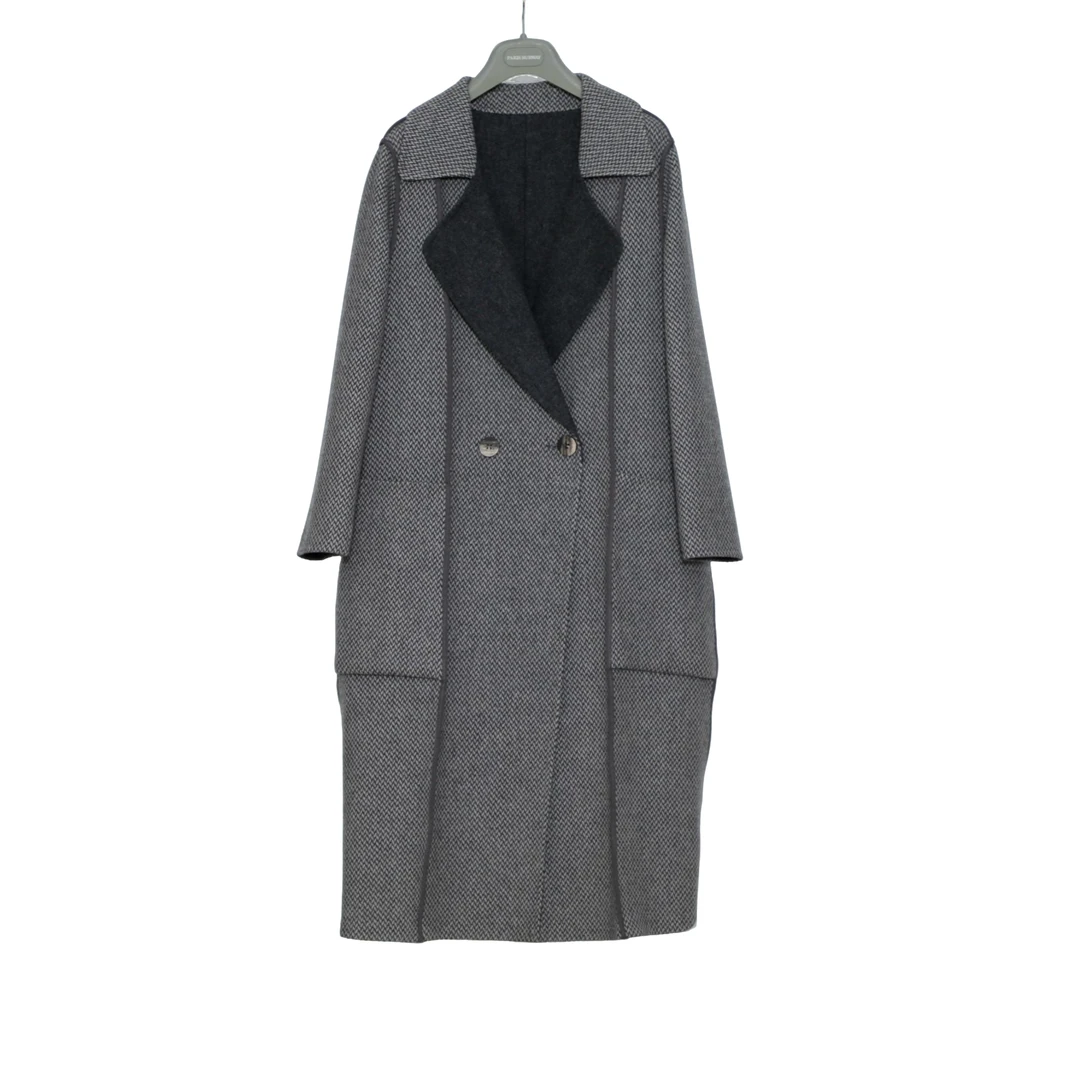 9112DZ001时尚女士羊毛呢中长款经典格子双面呢羊毛大衣