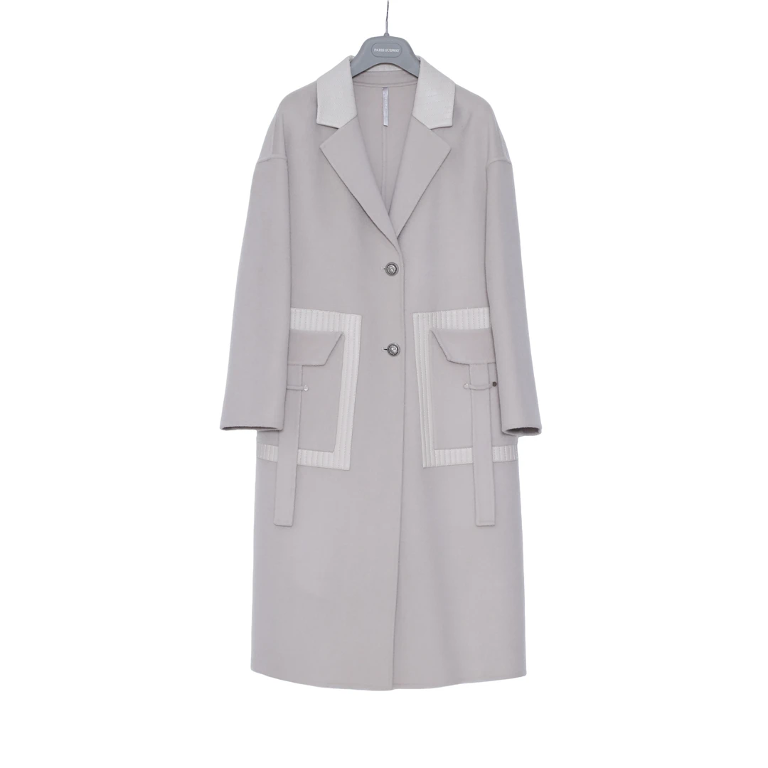 911441571气质轻奢时尚拼接女士设计师欧版宽松双面羊毛大衣