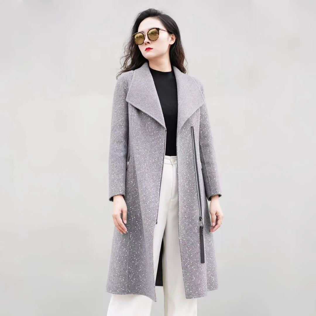 911341001灰色女士秋冬百搭时尚羊毛大衣简约气质羊毛呢子外套