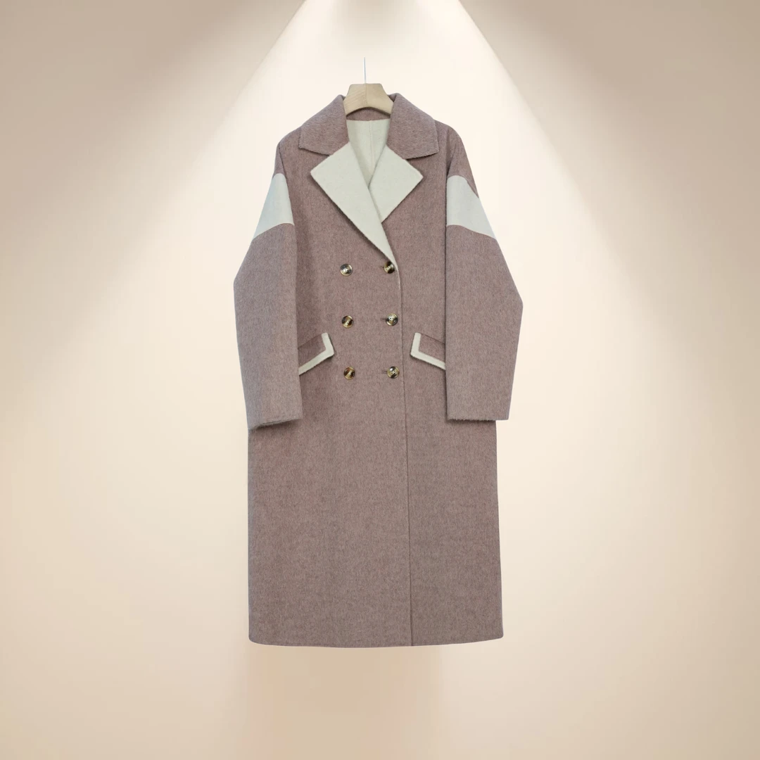 9112DW069Y气质时尚拼色女士羊毛呢中长款双面呢双面羊毛大衣