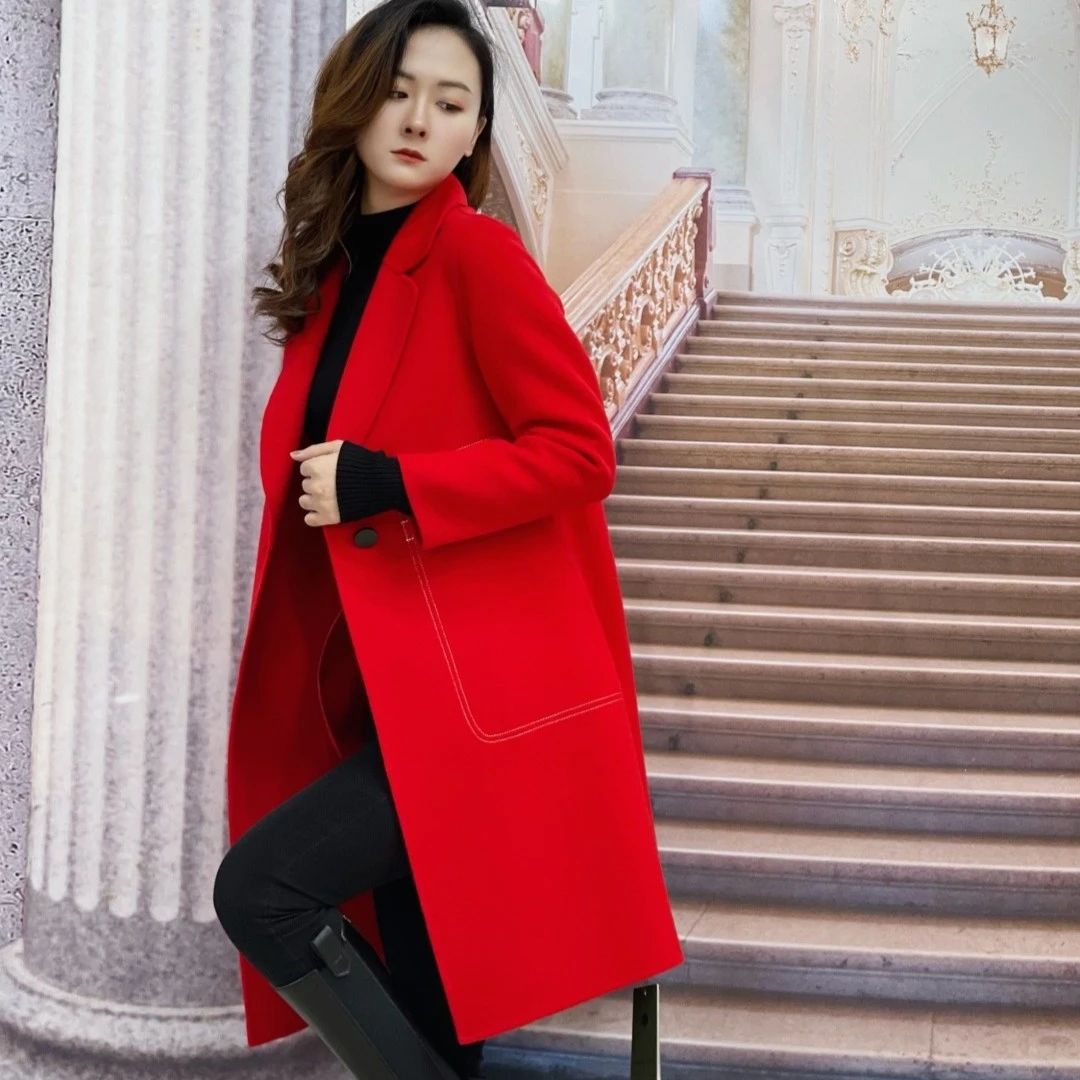 9111211长款毛呢大衣时尚中国红秋冬翻领羊毛大衣