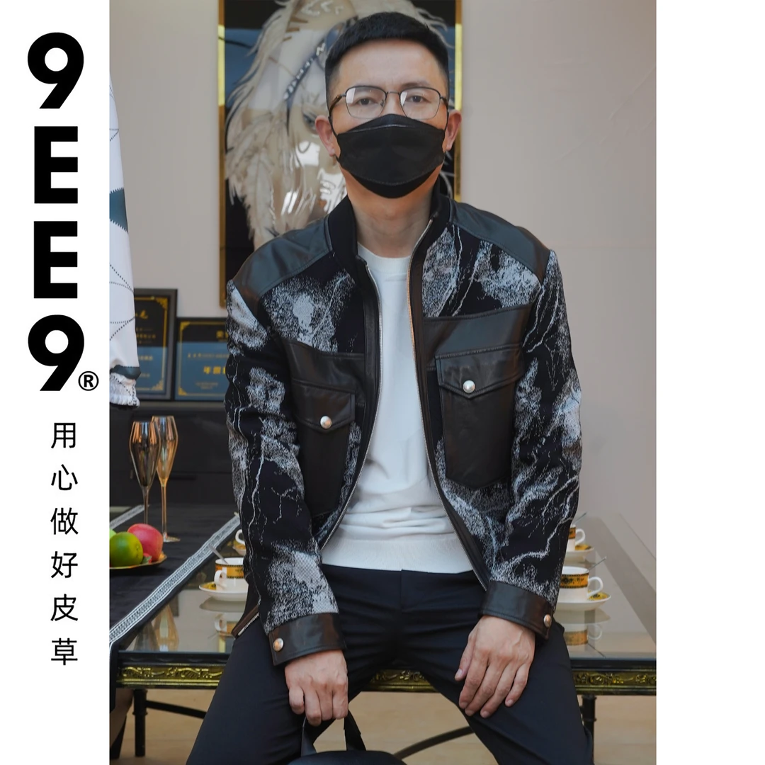 新款印花针织男士真皮皮衣外套休闲夹克植鞣9RL08