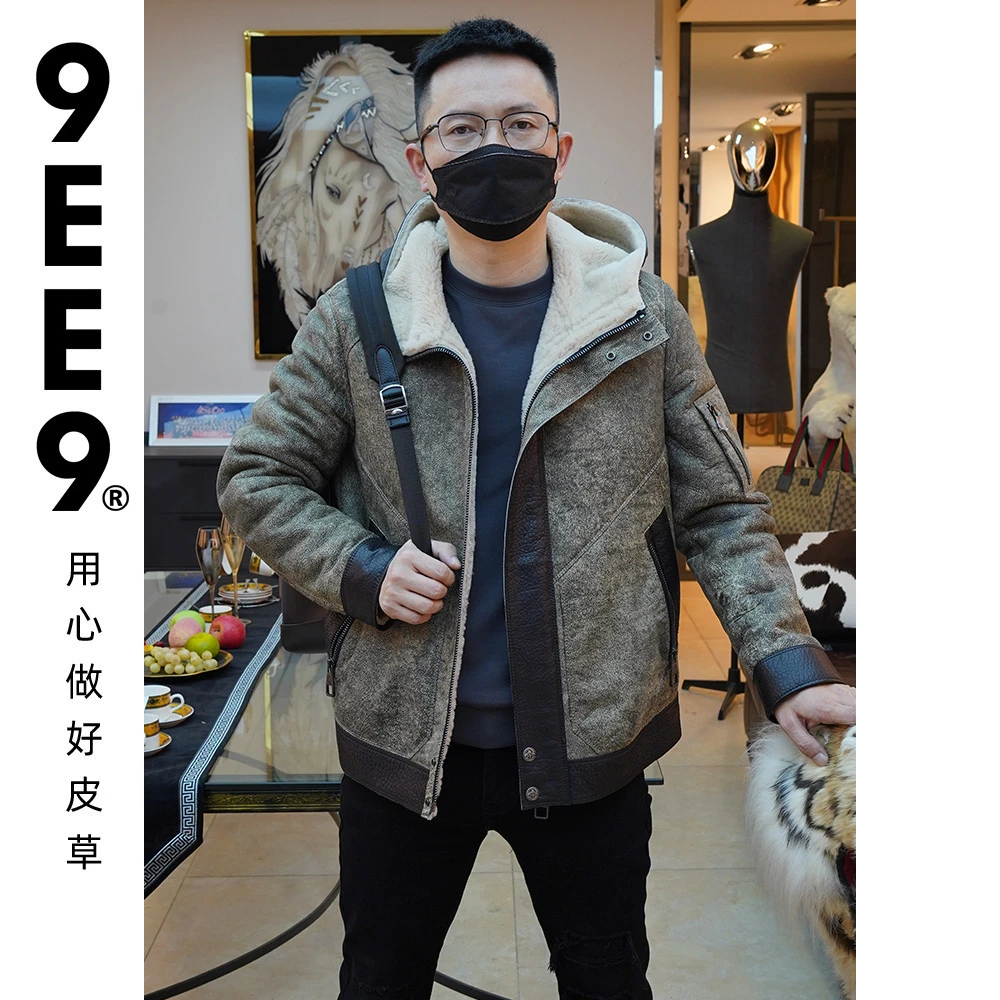 西班牙时尚休闲连帽保暖皮毛一体冬季真皮带帽秋冬外套D-922