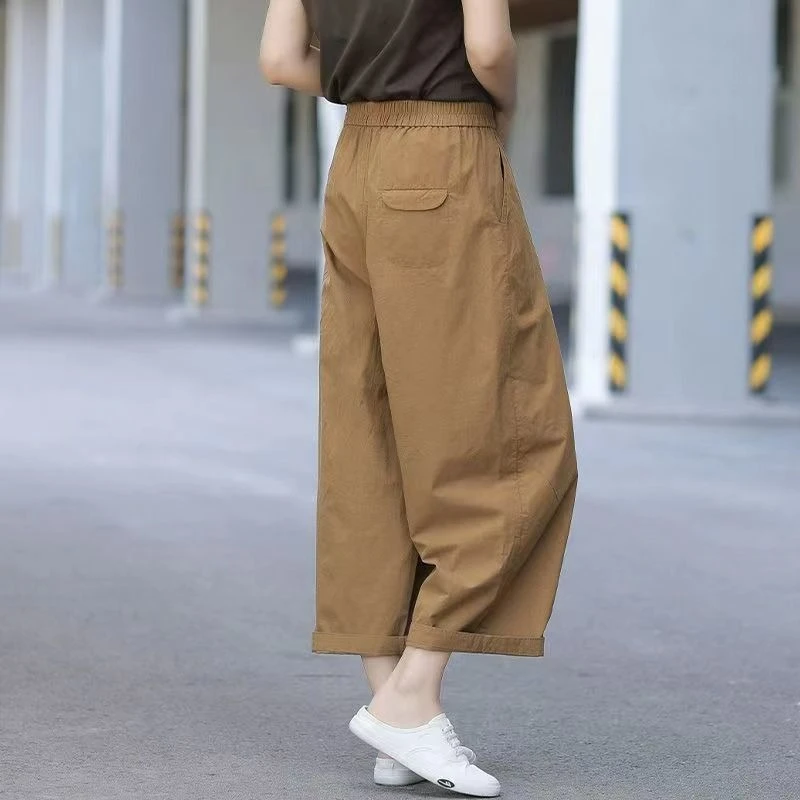 卡其色纯棉阔腿休闲裤女夏薄款高腰宽松显瘦百搭工装八九分哈伦裤