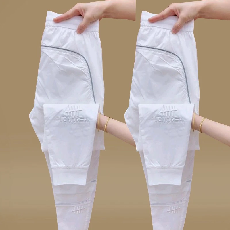 冰丝速干运动裤女夏季薄款松紧腰显瘦弹力透气时尚刺绣束脚休闲裤