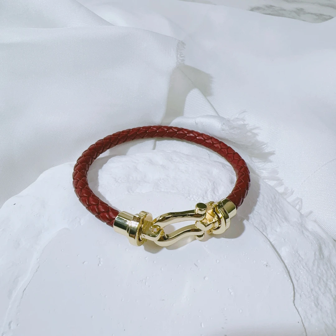 铜合金皮质手链 高版本安哥拉红编制皮绳马蹄扣手链金色手镯WW047