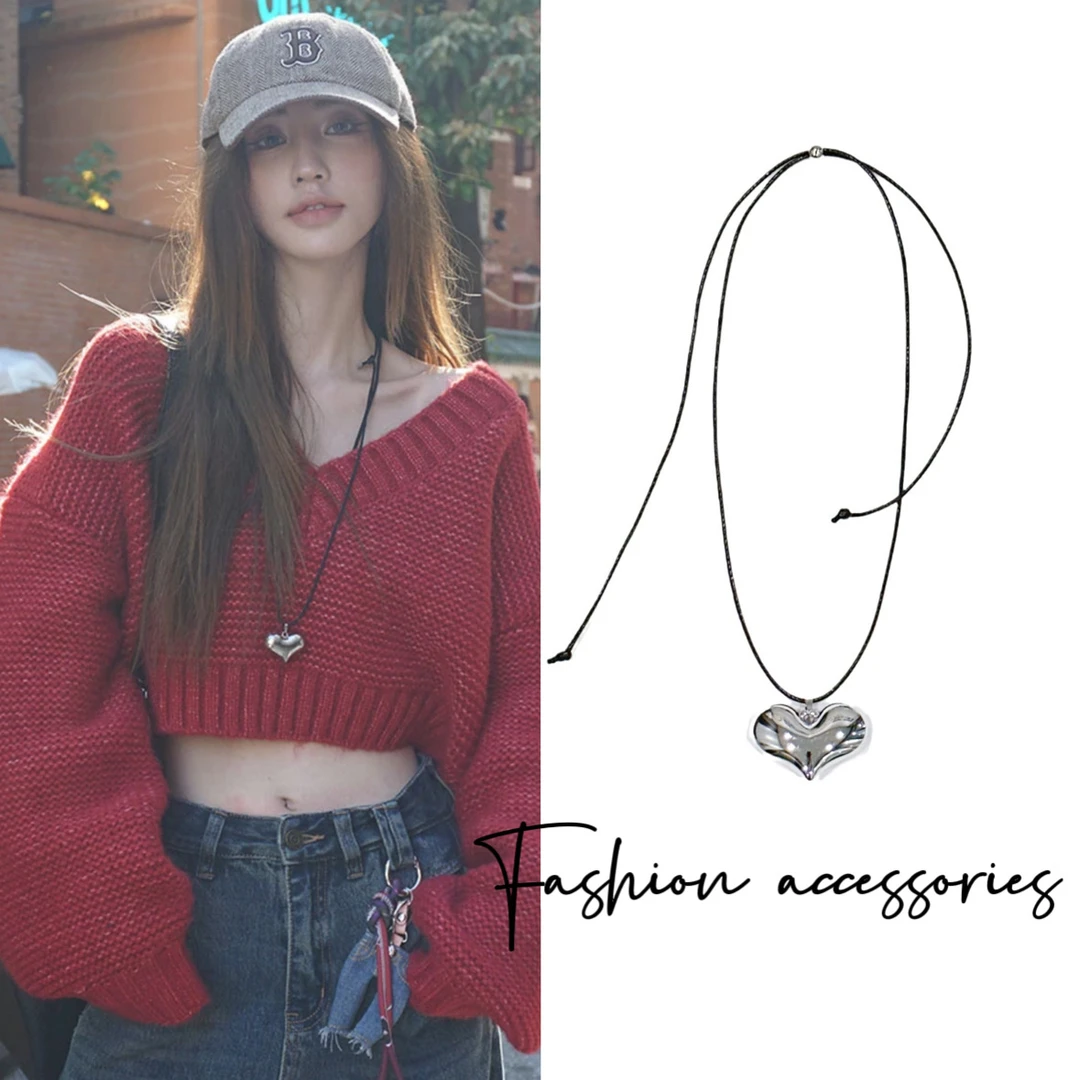 合金项链 甜酷立体爱心吊坠项链毛衣链女高级感抽拉长款卫衣百搭