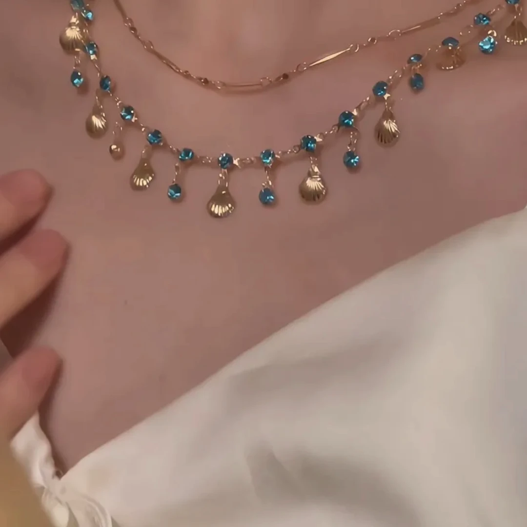 合金项链 海洋之心~贝壳流苏蓝水晶项链轻奢双层叠戴女锁骨链配饰